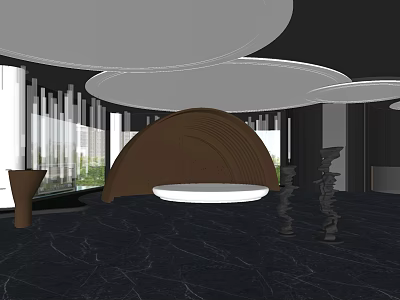Modern Hotel Lobby Interior With Black Marble Flooring White Circular Ceiling And Brown Curved Decor 3d model