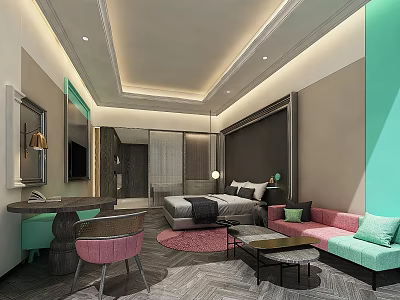 Hotel Guest Room Modern Interior With Comfortable Bed Colorful Sofa And Cozy Seating 3d model