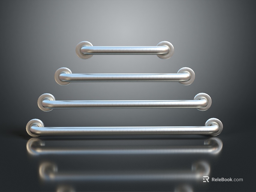 Shiny Sleek Metal Pull Handles Of Various Lengths Neatly Arranged With Reflections On Dark Surface 3d model 