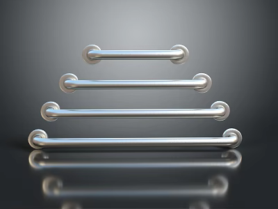 Shiny Sleek Metal Pull Handles Of Various Lengths Neatly Arranged With Reflections On Dark Surface 3d model
