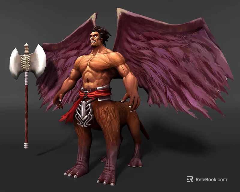 Mythical Game Character With Purple Wings Muscular Torso Red Sash Beast Legs And Axe 3d model 
