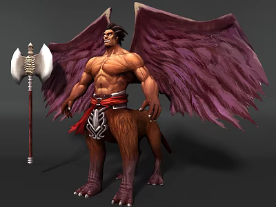 Mythical Game Character With Purple Wings Muscular Torso Red Sash Beast Legs And Axe 3d model
