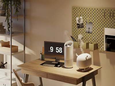 Household Electrical Appliances On Wooden Desk In Modern Home Office With Monitor Pegboard And Plants 3d model