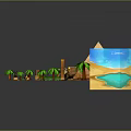 Scenic Ancient Desert Landscape With Pyramid Palm Trees Sandy Path And Greenery