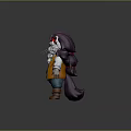 Cartoon Game Character With Purple Hair Red Bandana White Beard Orange Vest And Brown Boots