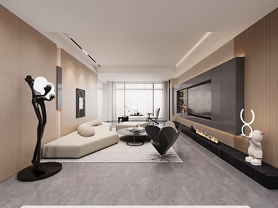 Modern Living And Dining Room Design With Beige Sofa Black Chairs Marble Floor TV Wall 3d model