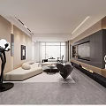 Modern Living And Dining Room Design With Beige Sofa Black Chairs Marble Floor TV Wall