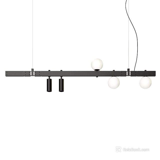 Modern Black Linear Chandelier With White Spherical Shades And Black Cylindrical Elements 3d model