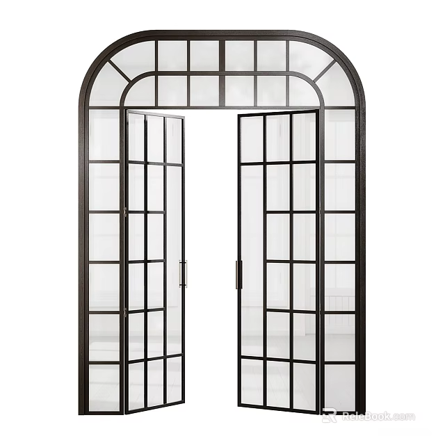 Stylish Black Frame Sliding Doors With Transparent Glass Grid And Arched Top 3d model 