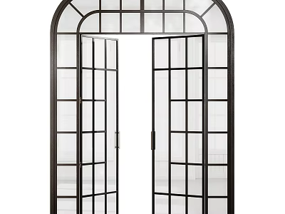 Stylish Black Frame Sliding Doors With Transparent Glass Grid And Arched Top 3d model