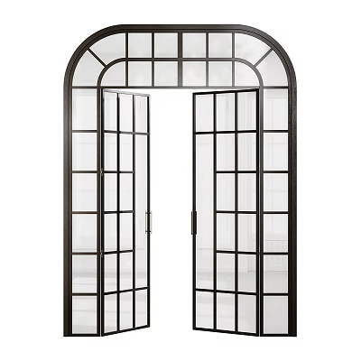 Stylish Black Frame Sliding Doors With Transparent Glass Grid And Arched Top 3d model