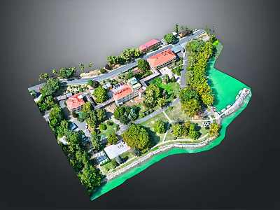 Scenic Residential Area With Red Roof Buildings Trees Roads And Water Body 3d model