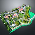 Scenic Residential Area With Red Roof Buildings Trees Roads And Water Body
