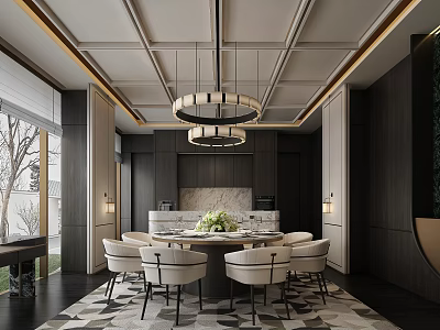 Elegant Modern Restaurant Interior With Round Marble Dining Table Chairs And Pendant Lights 3d model