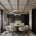 Elegant Modern Restaurant Interior With Round Marble Dining Table Chairs And Pendant Lights