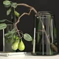 Decorative Ornament Set With Green Bottles Glass Cup Branch Leaves And Pears
