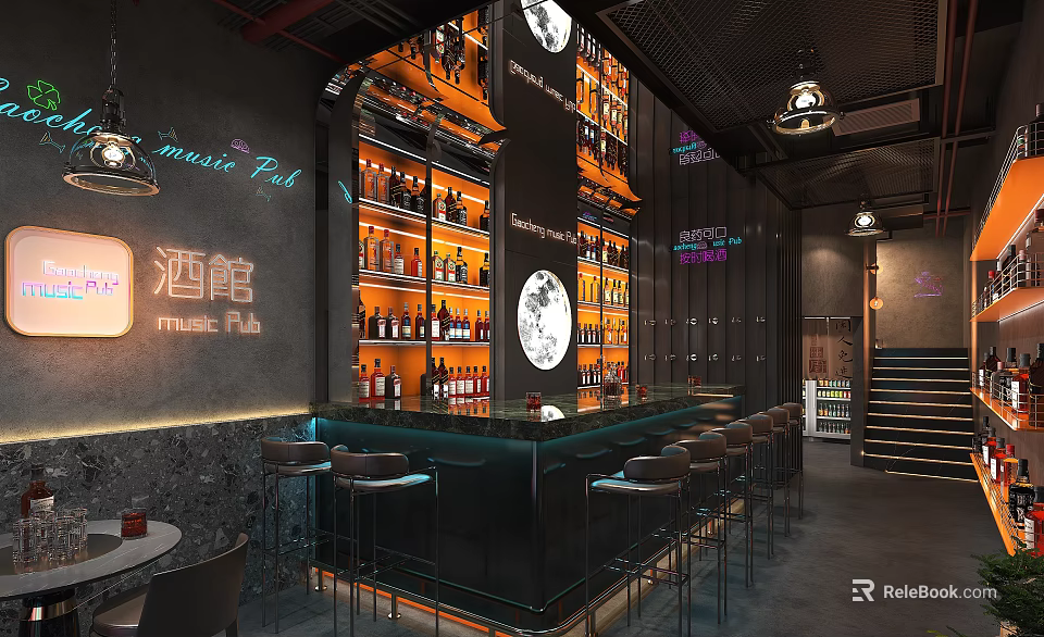 Modern Music Pub Interior Featuring Bar Counter Stools Bottle Shelves And Pendant Lights 3d model 