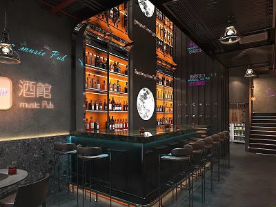 Modern Music Pub Interior Featuring Bar Counter Stools Bottle Shelves And Pendant Lights 3d model
