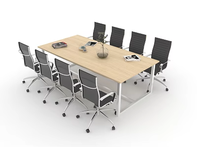 Modern Conference Table With Wooden Top White Legs Black Office Chairs Notebook And Plant 3d model