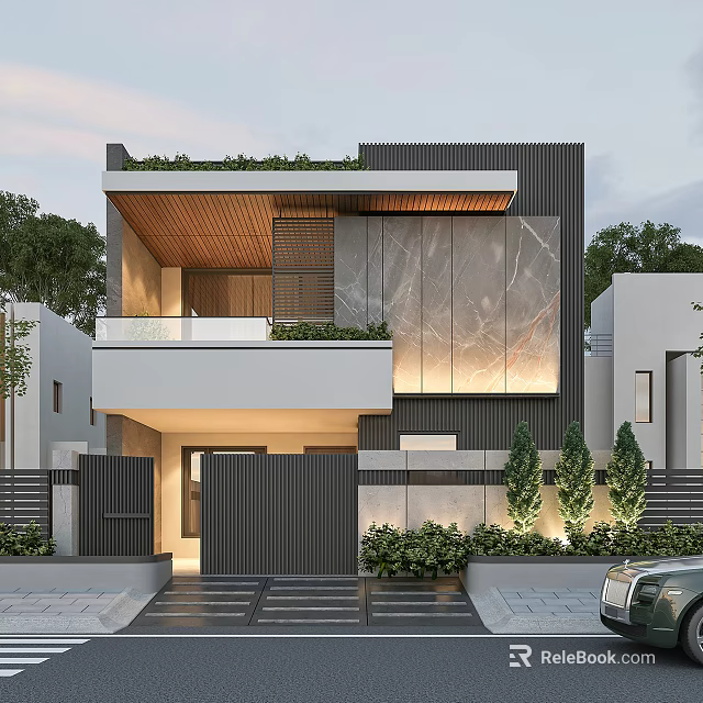 Modern Detached Villa Exterior With Stone Wall Large Glass Windows And Rooftop Greenery 3d model 