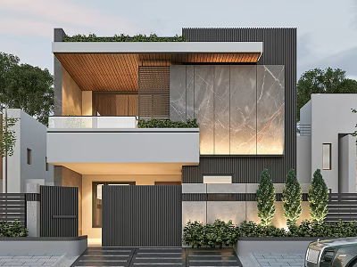 Modern Detached Villa Exterior With Stone Wall Large Glass Windows And Rooftop Greenery 3d model