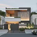 Modern Detached Villa Exterior With Stone Wall Large Glass Windows And Rooftop Greenery 3d model