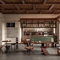 Rustic Café Interior With Wooden Ceiling Rattan Details Green Tile Backsplash And Wooden Tables Chairs