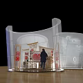 Modern Transparent Curved Exhibition Display With Person Standing And Elements 3d model