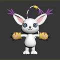 Cute White 3D Cartoon Character With Long Ears Purple Decorations Yellow Antenna And Blue Eyes