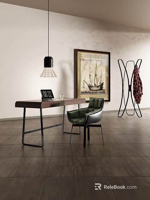 Modern Wooden Desk With Green Chair Laptop Cup Painting Pendant Light And Coat Rack 3d model 