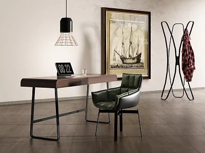 Modern Wooden Desk With Green Chair Laptop Cup Painting Pendant Light And Coat Rack 3d model