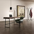 Modern Wooden Desk With Green Chair Laptop Cup Painting Pendant Light And Coat Rack