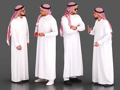 Men in traditional white robes with keffiyeh showing different poses on gray background 3d model