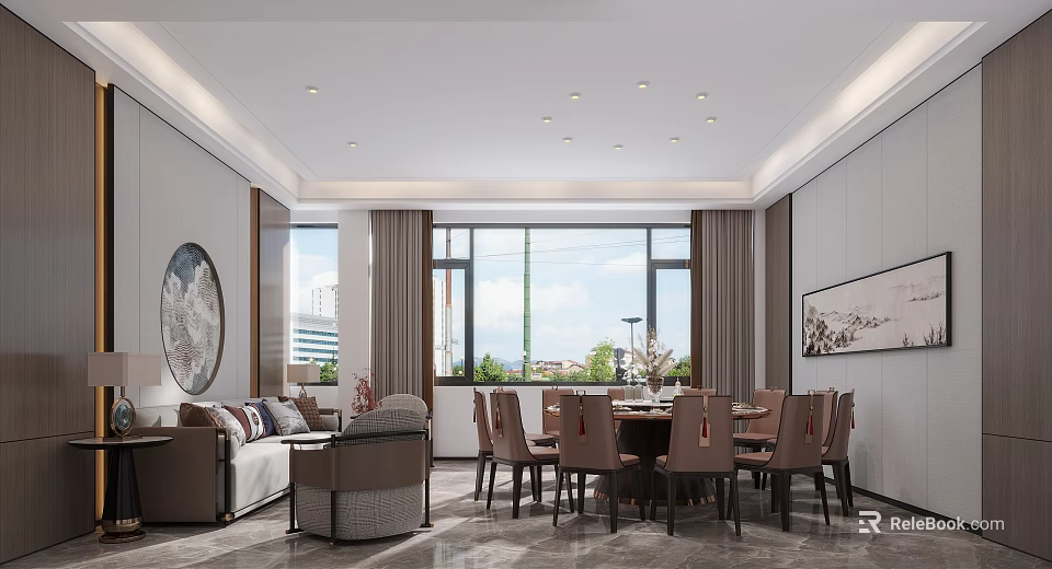 Modern Elegant Private Room Interior With Sofa Dining Table Chandelier And Floor to Ceiling Window 3d model