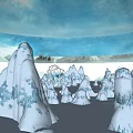 Snowy Ice Landscape With Frost Covered Formations And Blue Sky Clouds