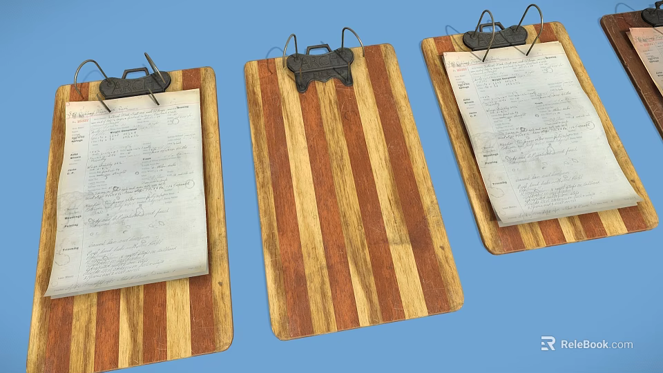 Three Wooden Clipboards With Metal Clips And Papers On Blue Background 3d model 