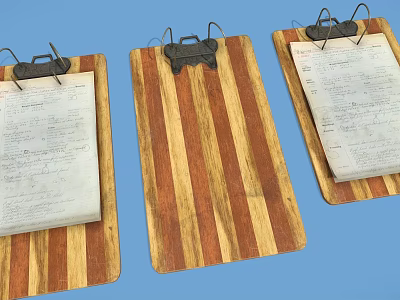 Three Wooden Clipboards With Metal Clips And Papers On Blue Background 3d model