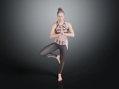 Woman Practicing Yoga Tree Pose In Sportswear With Hands In Prayer Position 3d model