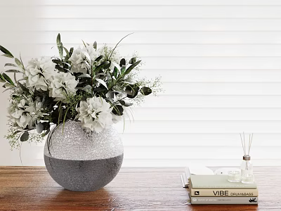 Silver Gray Gradient Vase With White Flowers And Green Leaves On Wooden Table 3d model