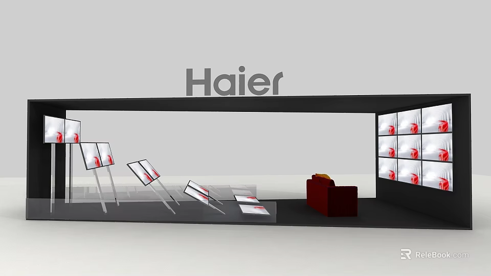 Modern Haier Showcase With Display Boards Multiple Screens And Red Sofa 3d model
