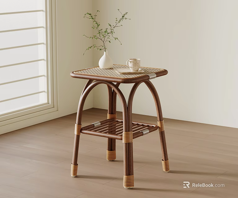 Rattan Wooden Side Table With Vase And Cup Near Window In Natural Light 3d model 