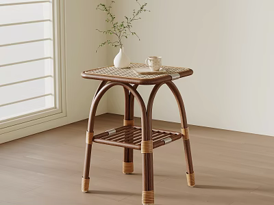 Rattan Wooden Side Table With Vase And Cup Near Window In Natural Light 3d model