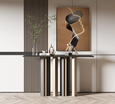 Modern Console Table with Green Plant Decorative Painting Ornaments and Wall Paneling 3d model