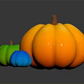 Three Vibrant Orange Green And Blue Pumpkins on Black Background with Reflection