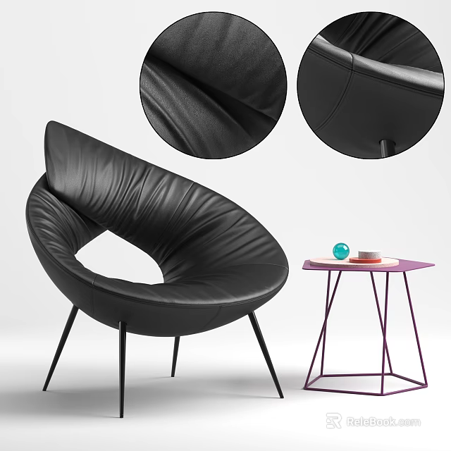 Black Leather Leisure Chair Modern Design with Side Table and Decor Items 3d model 