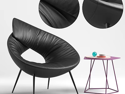 Black Leather Leisure Chair Modern Design with Side Table and Decor Items 3d model