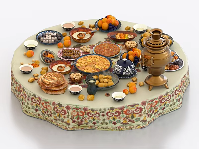 Assorted Foods Arranged on Round Table with Fruits Pastries Dishes and Brass Teapot 3d model