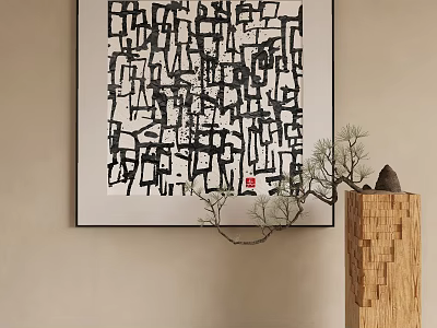 Abstract Painting with Geometric Black White Lines in Minimalist Wall Art 3d model