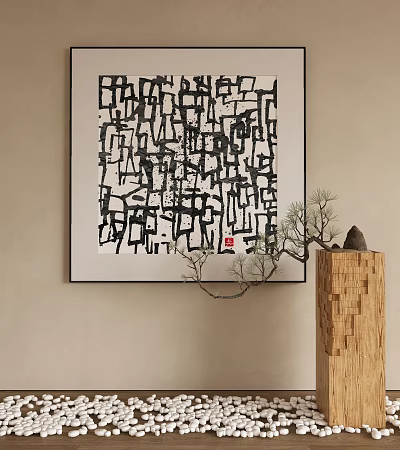 Abstract Painting with Geometric Black White Lines in Minimalist Wall Art 3d model