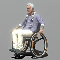 Game and Movie Character Seated in Wheelchair With Gray Hair Purple Shirt Beige Pants and Scarf